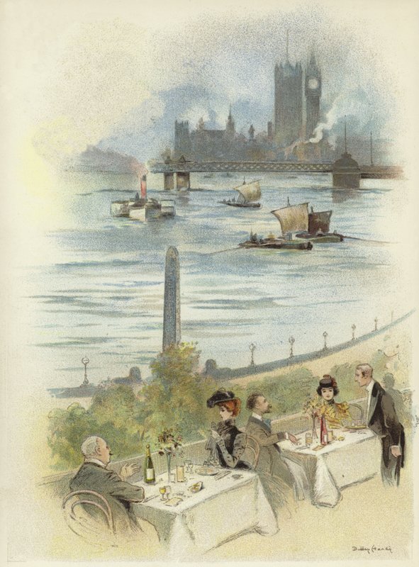 Lunch on terrace overlooking the Thames  by Dudley Hardy