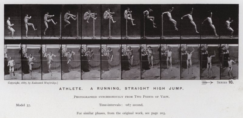 Hareket Halindeki İnsan Figürü: Atlet, koşan, düz yüksek atlama (s/b fotoğraf) by Eadweard Muybridge