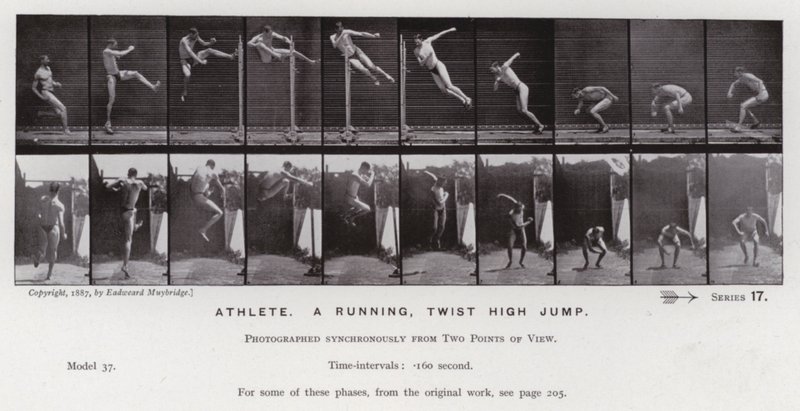 Hareket Halindeki İnsan Figürü: Atlet, koşan, burgulu yüksek atlama (s/b fotoğraf) by Eadweard Muybridge