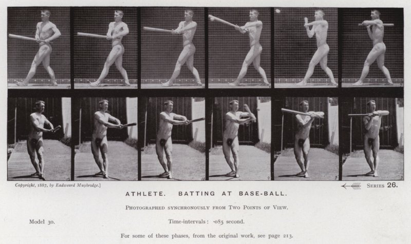 Hareket Halindeki İnsan Figürü: Atlet, beyzbol topuna vuruş yapıyor (s/b fotoğraf) by Eadweard Muybridge