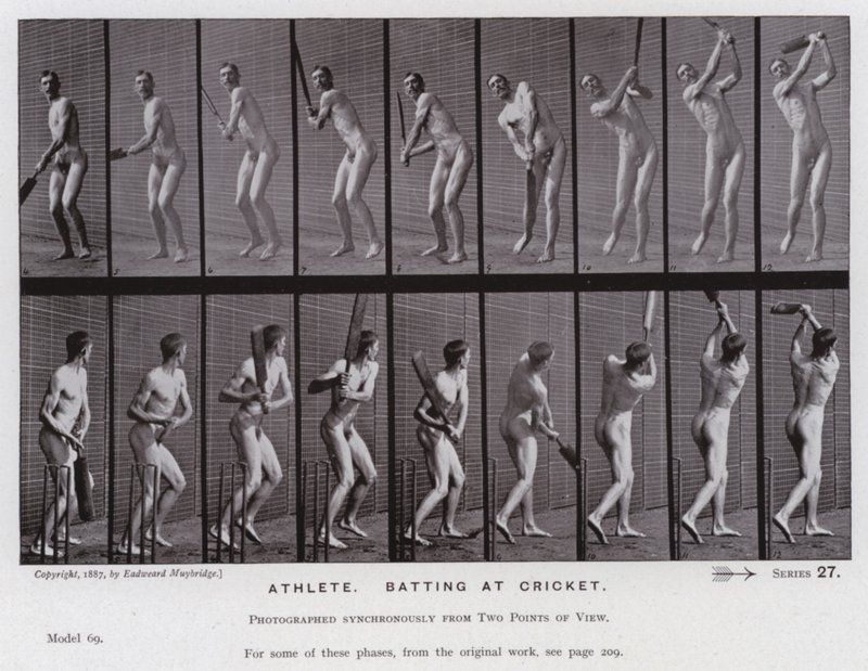 Hareket Halindeki İnsan Figürü: Atlet, krikette vuruş yapıyor (s/b fotoğraf) by Eadweard Muybridge