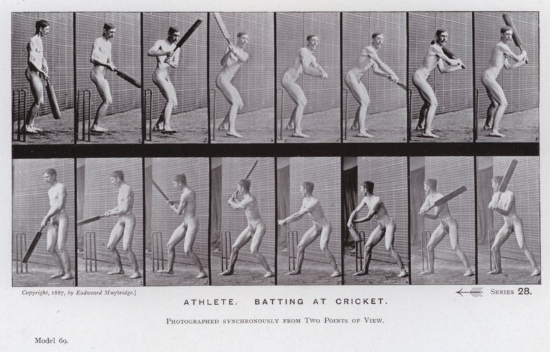 Hareket Halindeki İnsan Figürü: Atlet, krikette vuruş yapıyor (s/b fotoğraf) by Eadweard Muybridge