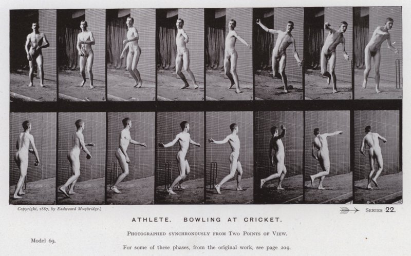 Hareket Halindeki İnsan Figürü: Atlet, krikette bowling (s/b fotoğraf) by Eadweard Muybridge