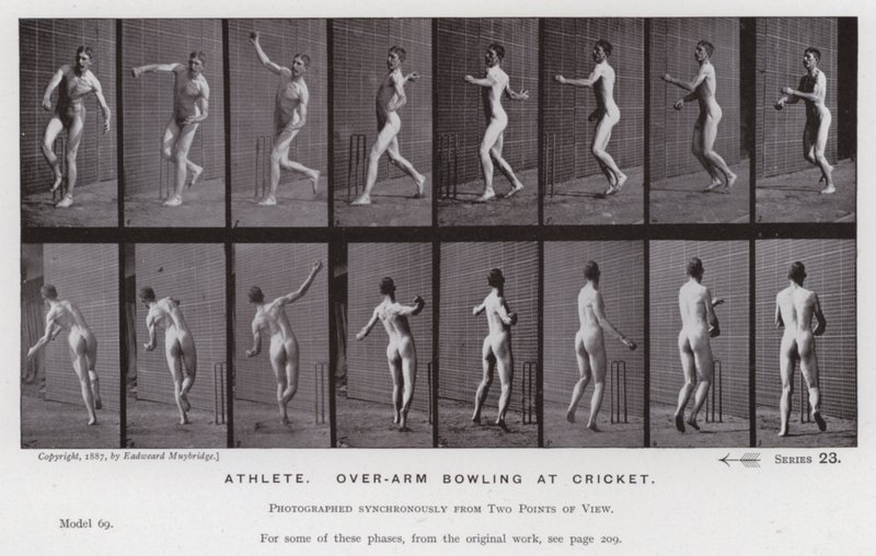 Hareket Halindeki İnsan Figürü: Atlet, krikette kol üstü bovling (s/b fotoğraf) by Eadweard Muybridge