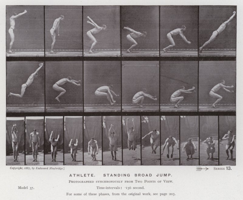 Hareket Halindeki İnsan Figürü: Atlet, ayakta uzun atlama (s/b fotoğraf) by Eadweard Muybridge
