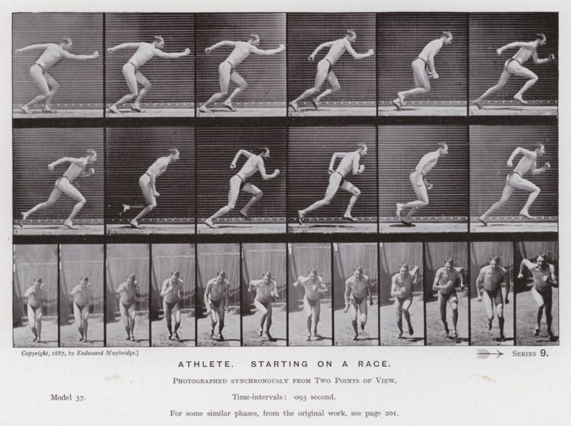 Hareket Halindeki İnsan Figürü: Bir yarışa başlayan atlet (s/b fotoğraf) by Eadweard Muybridge