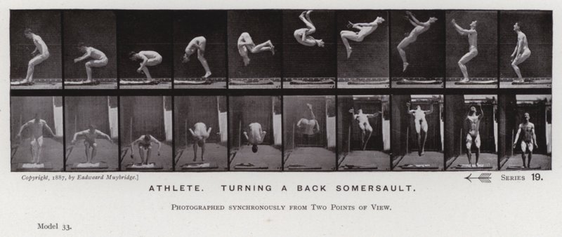 Hareket Halindeki İnsan Figürü: Atlet, arkadan takla atıyor (s/b fotoğraf) by Eadweard Muybridge