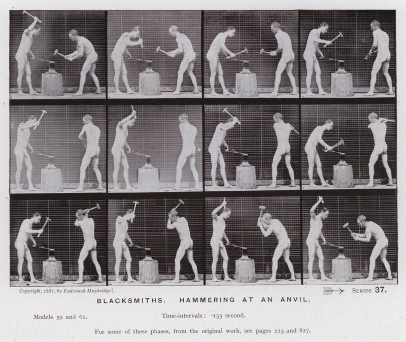 Hareket Halindeki İnsan Figürü: Bir örse çekiçle vuran demirciler (s/b fotoğraf) by Eadweard Muybridge