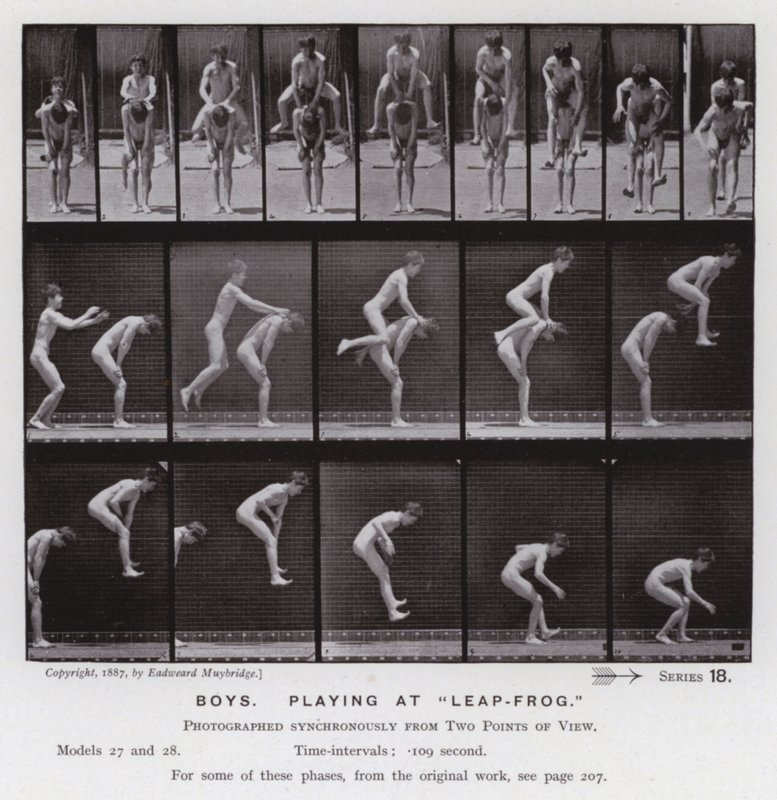 Hareket Halindeki İnsan Figürü: "Leap-Frog"da oynayan çocuklar (s/b fotoğraf) by Eadweard Muybridge
