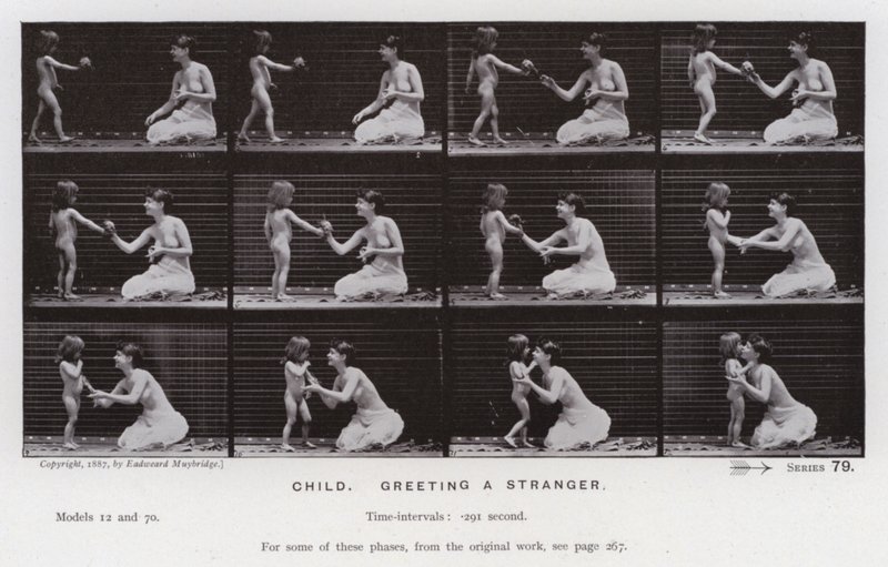 Hareket Halindeki İnsan Figürü: Bir yabancıyı selamlayan çocuk (s/b fotoğraf) by Eadweard Muybridge