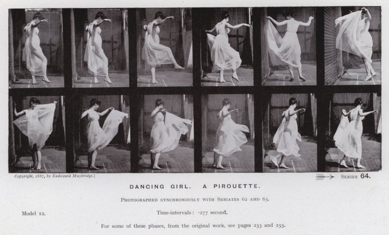 Hareket Halindeki İnsan Figürü: Dans eden kız, bir piruet (s/b fotoğraf) by Eadweard Muybridge