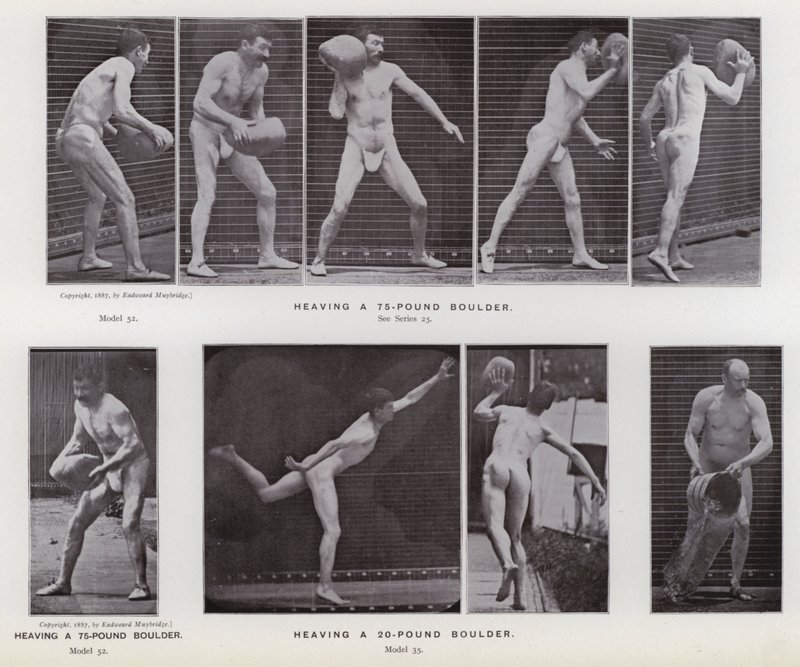 Hareket Halindeki İnsan Figürü: 75 kiloluk bir kayayı kaldırmak; 20 kiloluk bir kayayı kaldırmak (s/b fotoğraf) by Eadweard Muybridge