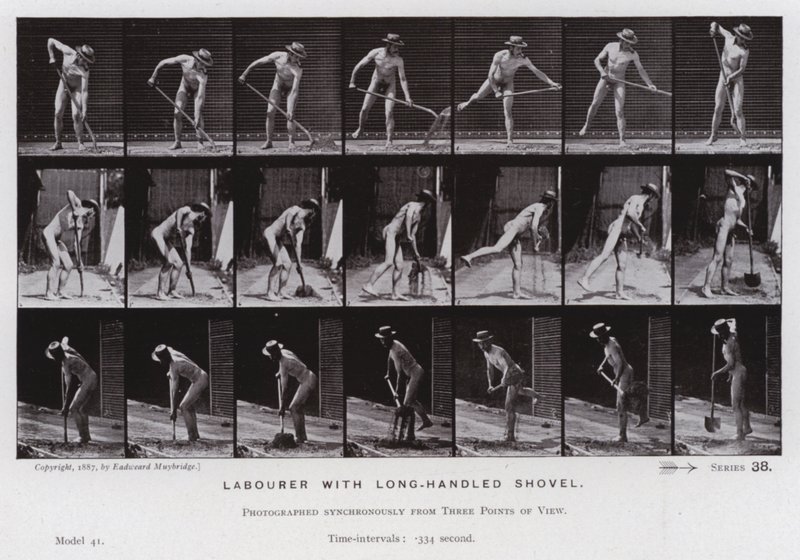 Hareket Halindeki İnsan Figürü: Uzun saplı kürekle işçi (s/b fotoğraf) by Eadweard Muybridge