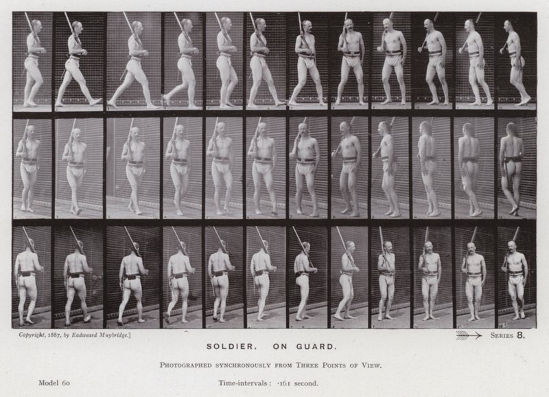 Hareket Halindeki İnsan Figürü: Asker, nöbetçi (s/b fotoğraf) by Eadweard Muybridge
