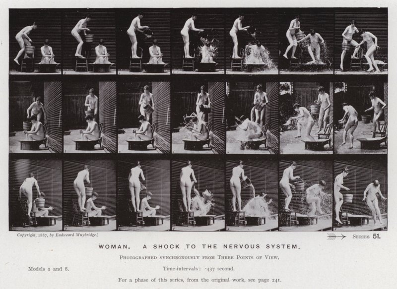 Hareket Halindeki İnsan Figürü: Kadın, sinir sistemine bir şok (s/b fotoğraf) by Eadweard Muybridge