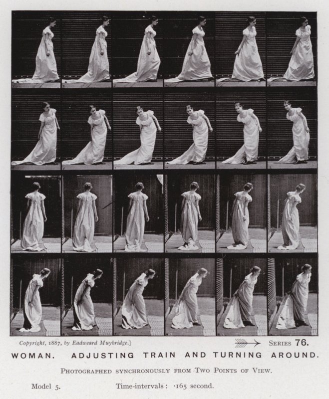 Hareket Halindeki İnsan Figürü: Kadın, treni ayarlıyor ve dönüyor (s/b fotoğraf) by Eadweard Muybridge