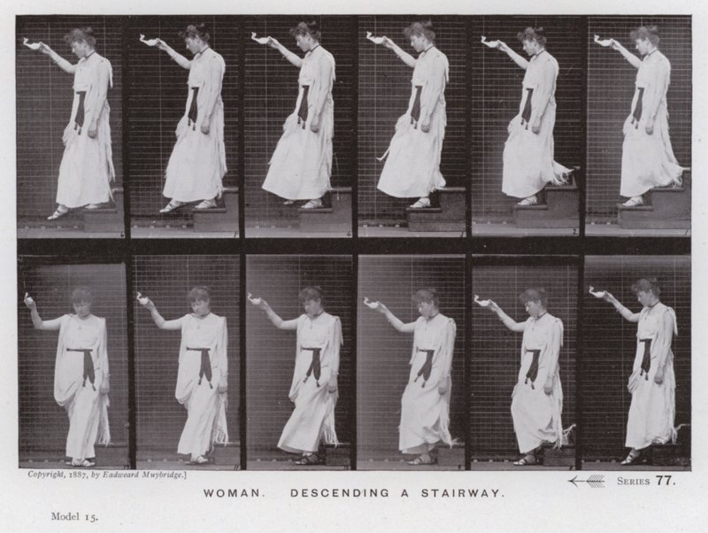 Hareket Halindeki İnsan Figürü: Merdivenden inen kadın (s/b fotoğraf) by Eadweard Muybridge