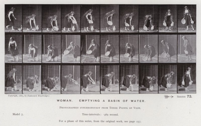 Hareket Halindeki İnsan Figürü: Bir leğeni boşaltan kadın (s/b fotoğraf) by Eadweard Muybridge