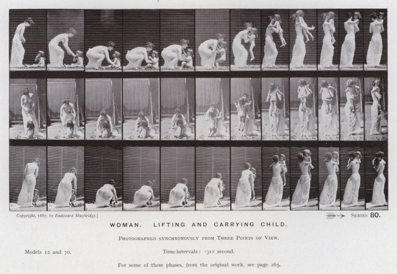 Hareket Halindeki İnsan Figürü: Kadın, çocuğu kaldıran ve taşıyan (s/b fotoğraf) by Eadweard Muybridge