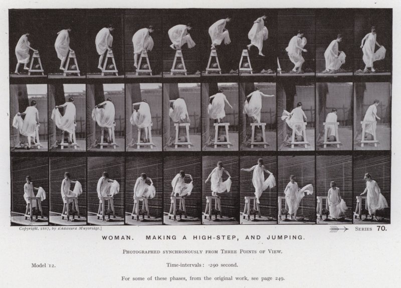 Hareket Halindeki İnsan Figürü: Kadın, yüksek adım atıyor ve zıplıyor (s/b fotoğraf) by Eadweard Muybridge