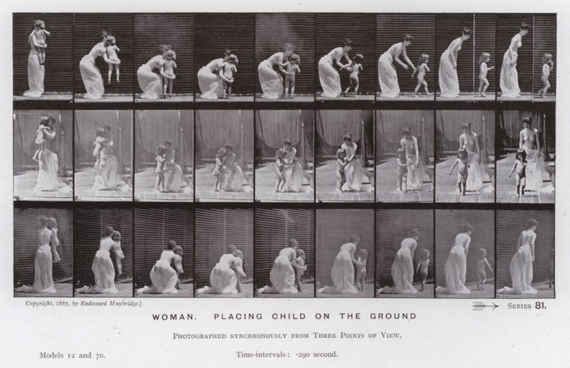 Hareket Halindeki İnsan Figürü: Çocuğu yere yatıran kadın (s/b fotoğraf) by Eadweard Muybridge