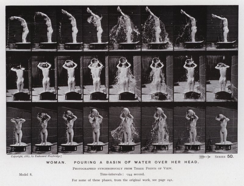 Hareket Halindeki İnsan Figürü: Başına bir leğen su geçiren kadın (s/b fotoğraf) by Eadweard Muybridge