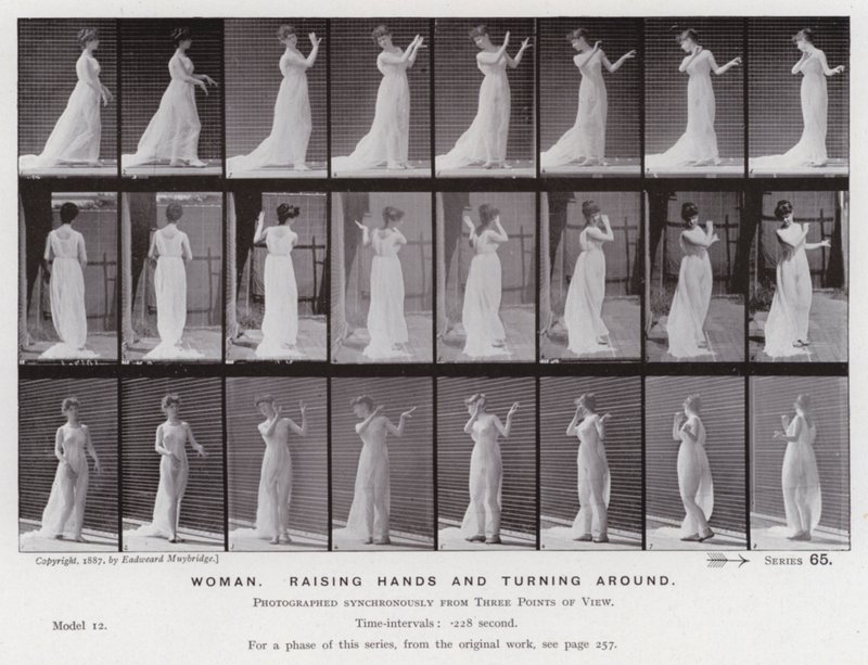 Hareket Halindeki İnsan Figürü: Ellerini kaldıran ve arkasını dönen kadın (s/b fotoğraf) by Eadweard Muybridge