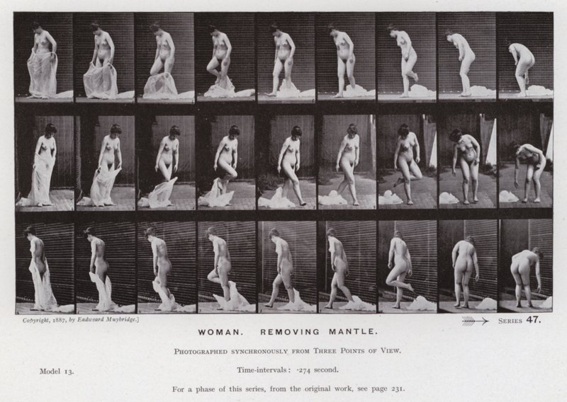 Hareket Halindeki İnsan Figürü: Kadın, mantoyu çıkaran (s/b fotoğraf) by Eadweard Muybridge
