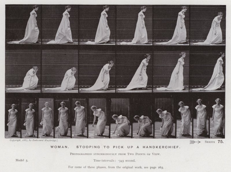 Hareket Halindeki İnsan Figürü: Mendil almak için eğilen kadın (s/b fotoğraf) by Eadweard Muybridge