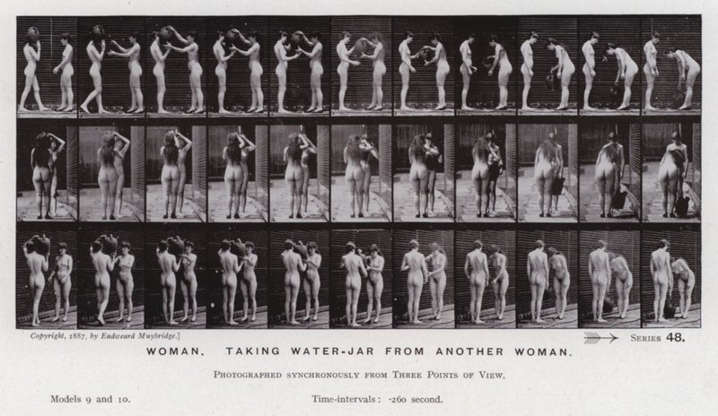 Hareket Halindeki İnsan Figürü: Başka bir kadından su kavanozu alan kadın (s/b fotoğraf) by Eadweard Muybridge
