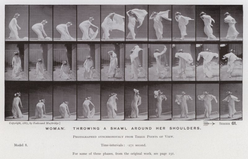 Hareket Halindeki İnsan Figürü: Omuzlarına şal atan kadın (s/b fotoğraf) by Eadweard Muybridge