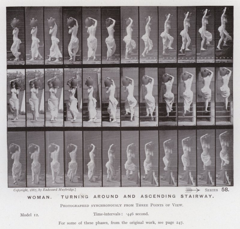 Hareket Halindeki İnsan Figürü: Dönen ve merdivenden çıkan kadın (s/b fotoğraf) by Eadweard Muybridge