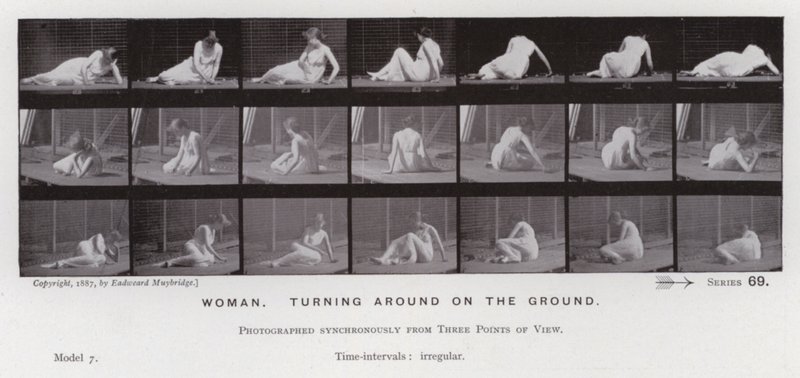 Hareket Halindeki İnsan Figürü: Yerde dönen kadın (s/b fotoğraf) by Eadweard Muybridge