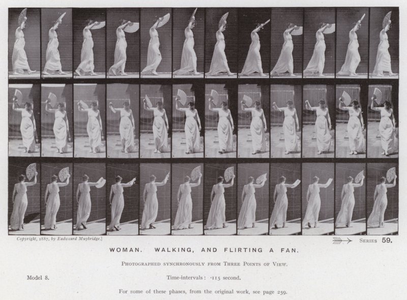 Hareket Halindeki İnsan Figürü: Yürüyen ve bir hayranla flört eden kadın (s/b fotoğraf) by Eadweard Muybridge