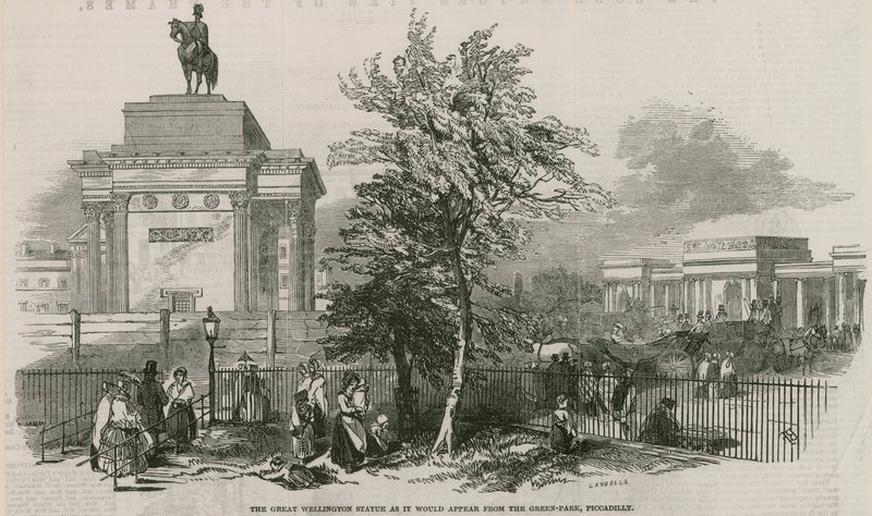 Büyük Wellington heykeli ve Arch, Piccadilly'deki Green Park'tan göründüğü şekliyle by Ebenezer Landells