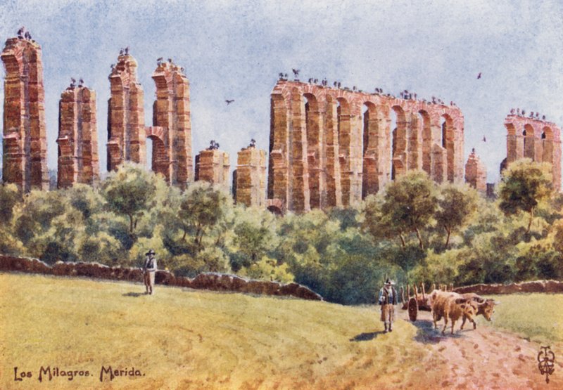 Kuzey İspanya: Merida, "Los Milagros", Büyük Su Kemeri kalıntıları (renkli taş) by Edgar T. A. Wigram