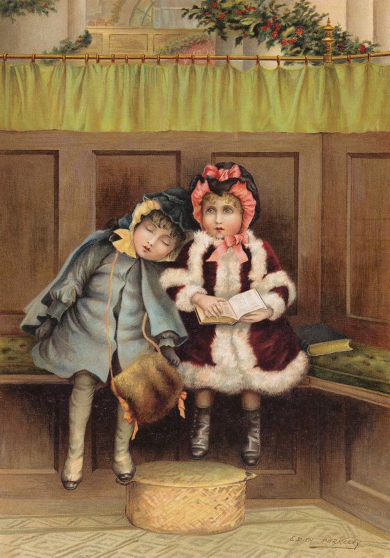 Noel sabahı kilisede iki kız (chromolitho) by Edith S. Berkeley