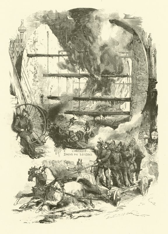 Londra rıhtımlarında yangın (gravür) by Edmond (after) Morin