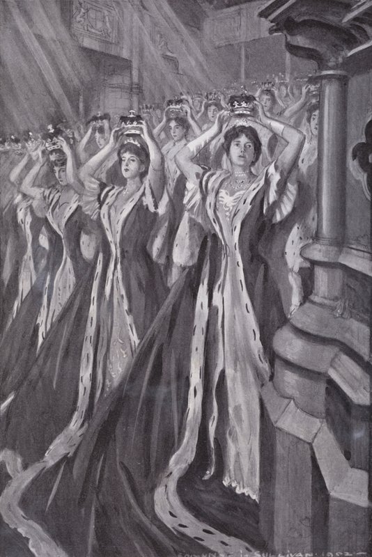 Peeresses, King Edward VII, Westminster Abbey, Londra'nın eşi Kraliçe Alexandra'nın taç giyme töreninde taçlarını takıyor by Edmund Joseph (after) Sullivan