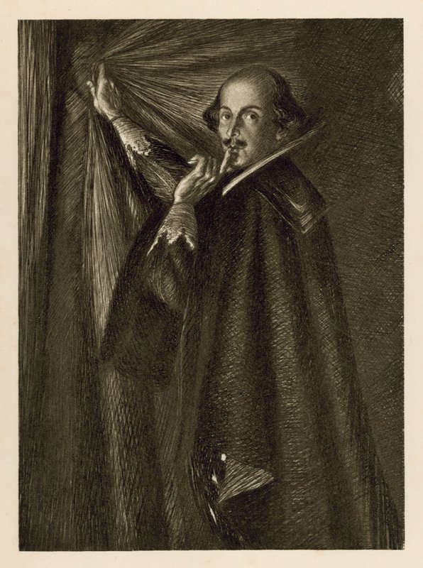 William Shakespeare perdeyi tutuyor ve bize sessiz olmamızı söylüyor (lito) by Edmund Joseph Sullivan