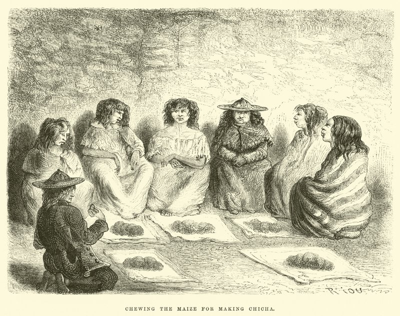 Chicha yapmak için mısır çiğnemek (gravür) by Edouard (after) Riou