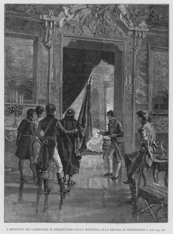 Carbonari Milletvekilleri I. Ferdinand Kraliyet Sarayı'nda Bayrakla Kendilerini Sunarlar (gravür) by Edouardo Matania