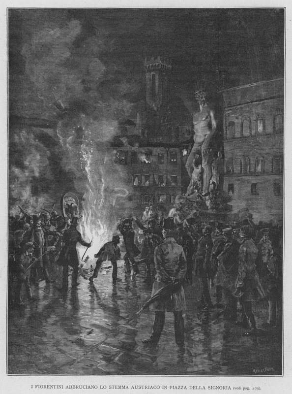 Floransalılar Abbruciano Piazza Della Signoria'daki Avusturya Arması (gravür) by Edouardo Matania