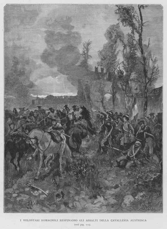 Romagnoli Gönüllüleri, Avusturya süvarilerinin saldırılarını püskürtüyor (gravür) by Edouardo Matania