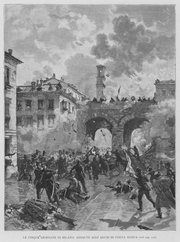 Milano'nun Beş Günü, Porta Nuova Kemerlerine Saldırı (gravür) by Edouardo Matania