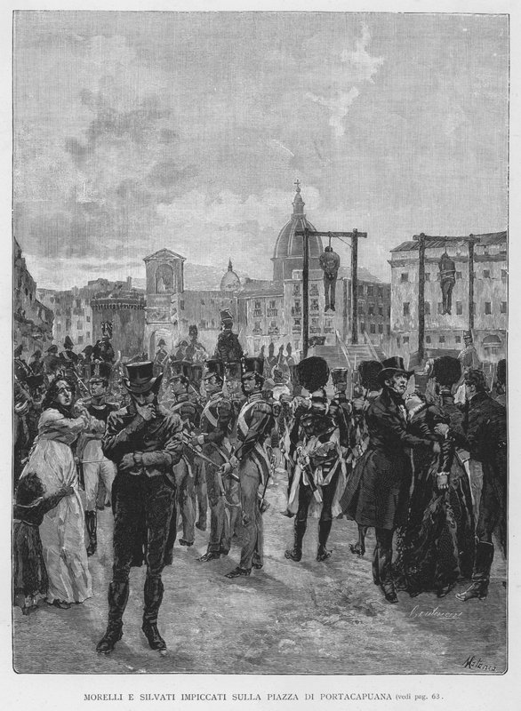 Morelli ve Silvati, Portacapuana meydanına asıldı (gravür) by Edouardo Matania