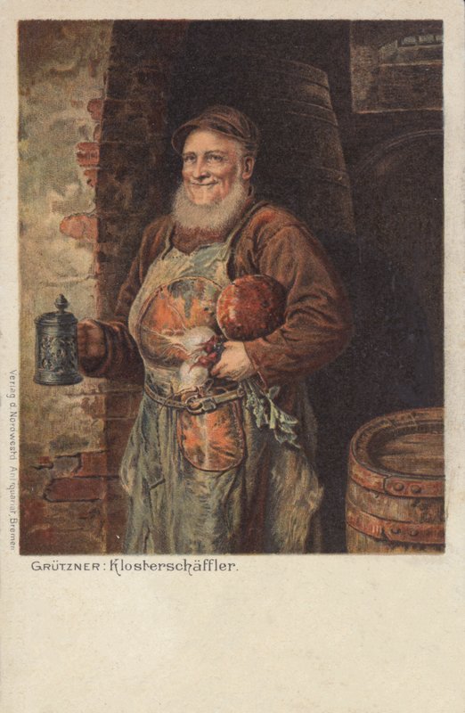 Der Klosterschaeefler: Bir bardak bira ve öğle yemeği taşıyan keşiş (chromolitho) by Eduard von (after) Grutzner