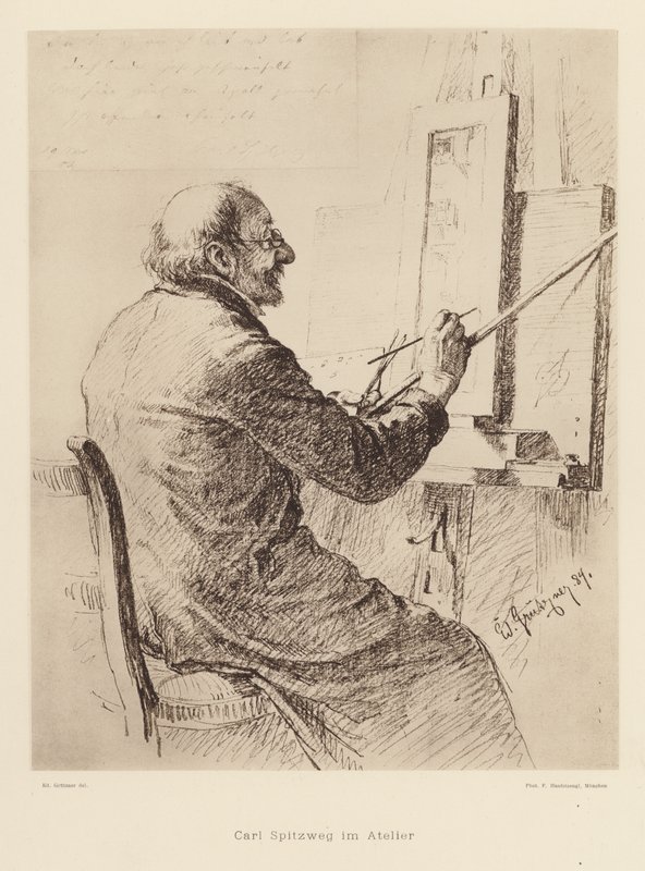 Carl Spitzweg#39;in portresi, Alman Romantik ressam (litho) by Eduard von (after) Grutzner