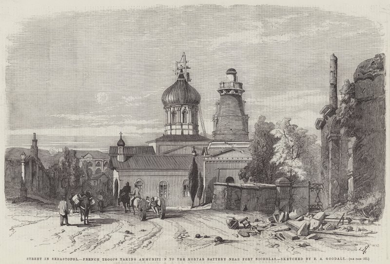 Sivastopol Caddesi, Fransız Birlikleri, Fort Nicholas yakınlarındaki Harç Bataryasına Mühimmat götürüyor by Edward Angelo Goodall