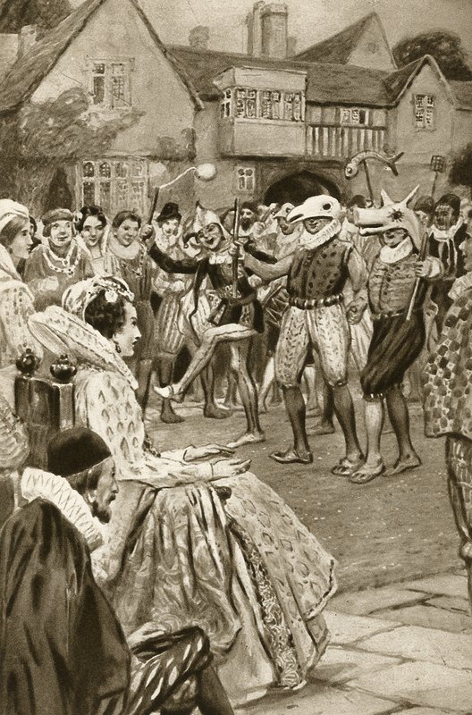 Kraliçe Ellizabeth I soytarılar tarafından eğlendiriliyor (litho) by Edward Frederick Skinner